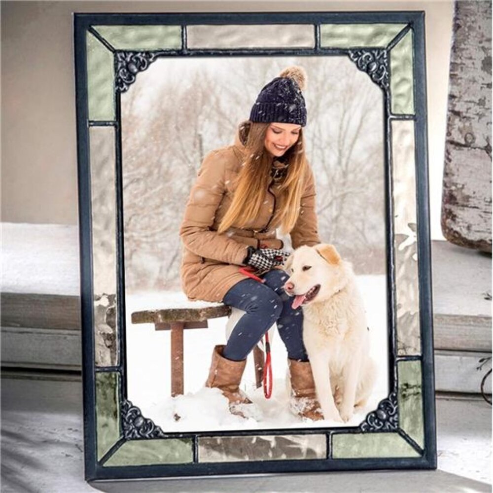 Vintage Green Stained Glass Picture Frame 5x7 Tabletop Photo Display Decor
